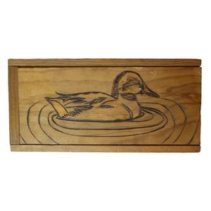 Vtg Hand Crafted Wooden Trinket Stash Box Slide Lid Hummingbird Duck Goose Birds